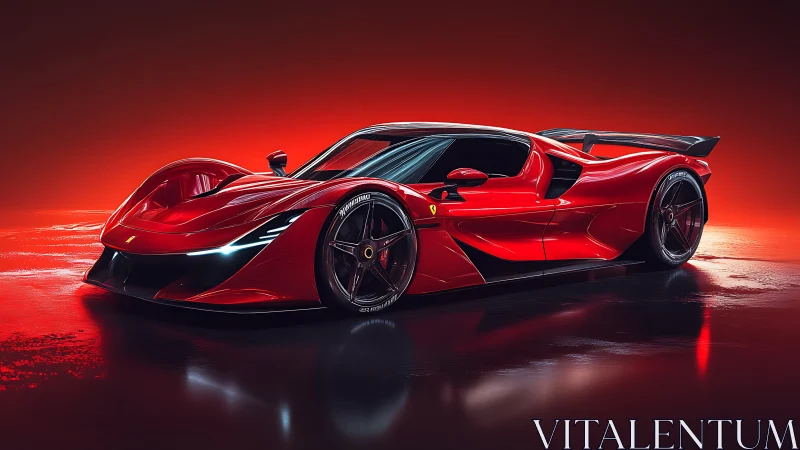 Glossy red hypercar slices through a neon-lit studio glow
