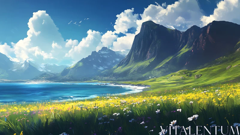 Digital landscape shows coastal meadow, sea and tall peaks