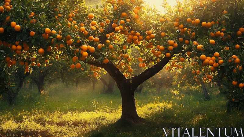 Sunlit orange grove glows with ripe fruit and warm haze