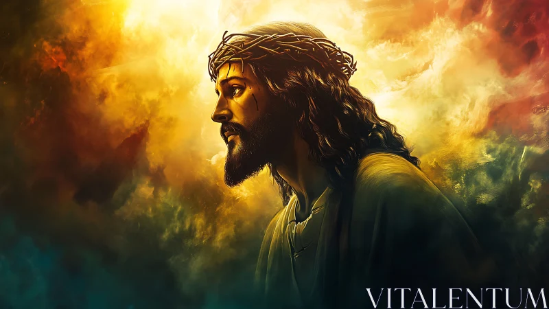 Crowned male profile emerges from radiant, stormlike clouds