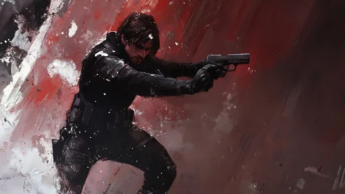 Gunmetal drift in a crimson storm of fractured resolve.