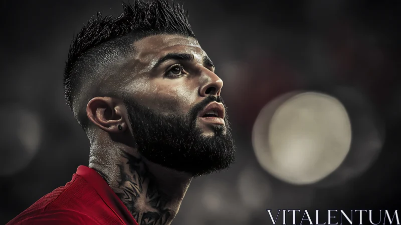 Photorealistic low-angle sports portrait with bokeh lighting.