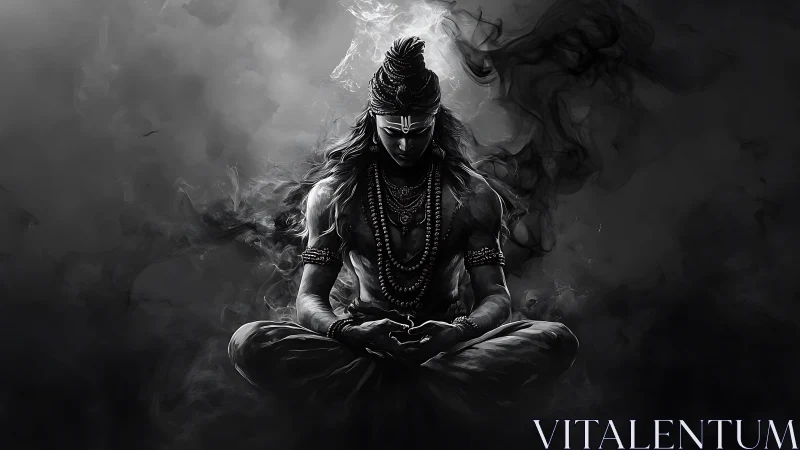 Monochrome meditative figure amid swirling smoke forms.