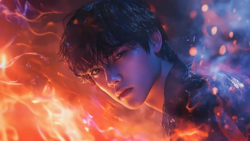 Digital portrait shows intense youth framed by vivid flames