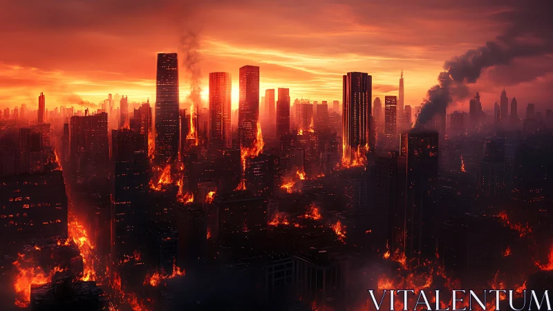 Burning city skyline under intense red sunset sky.
