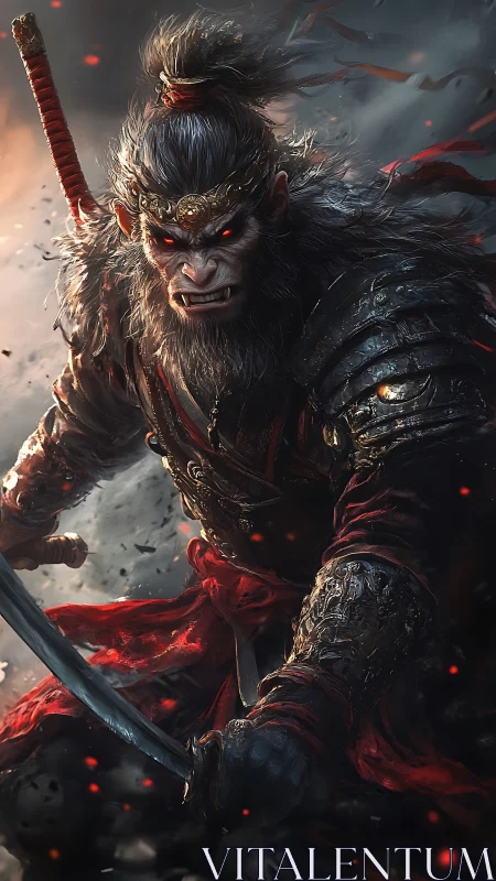 Battle-hardened monkey warrior charges through embers and smoke