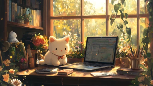 Cozy desk companion cat in a sunlit creative window nook.