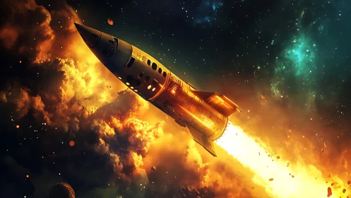 Blazing retro rocket sails warmly through glowing cosmic clouds