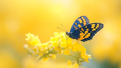 Midnight butterfly poised on luminous yellow blossoms.
