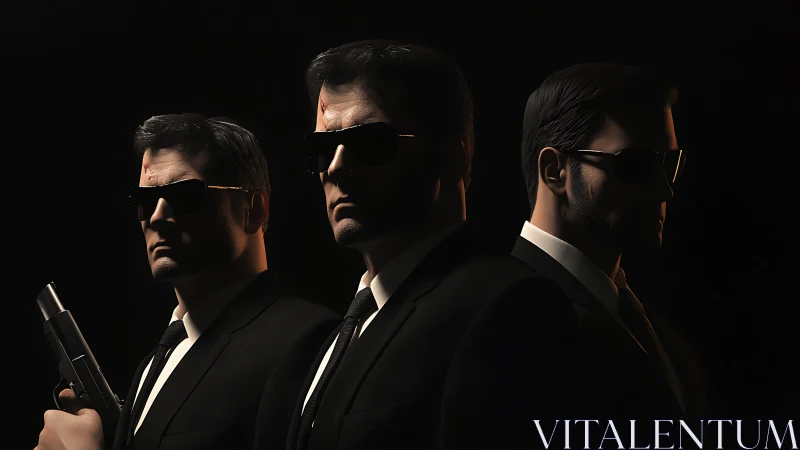 Three armed agents stand in shadow, exuding covert tension