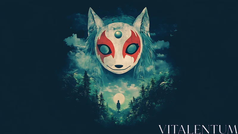 Luminous fox mask deity over lunar forest silhouette portal.