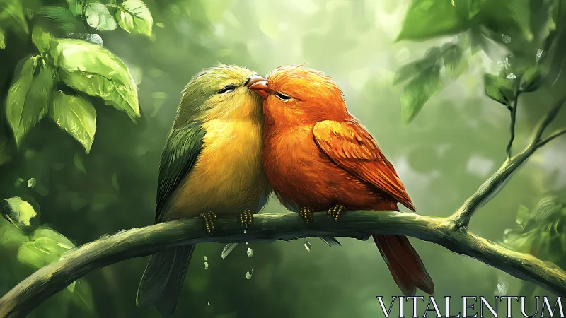 Two Colorful Birds Cuddling on Branch, Digital Painting Style.