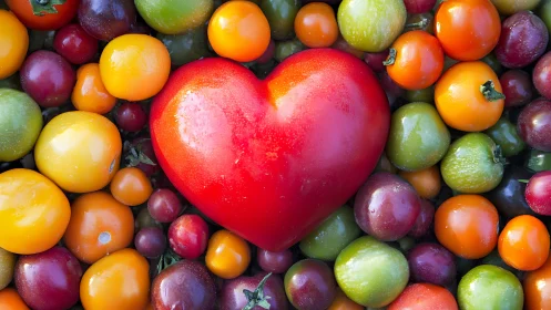 Heart-shaped tomato rests among colorful cherry tomatoes