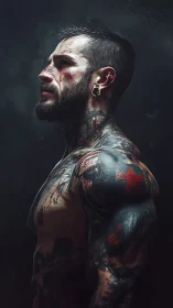 Tattooed side-profile portrait in dramatic chiaroscuro lighting.