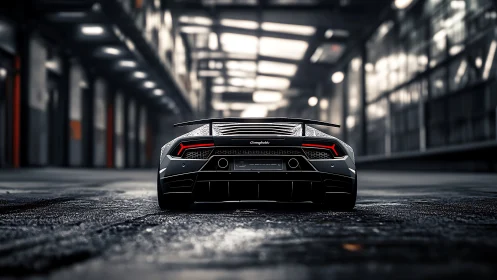 Low rear view of black supercar in empty industrial garage.