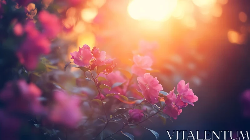 Pink flowers stand in sharp focus against bright sunset light