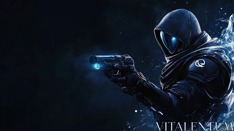 Hooded cybernetic assassin aiming pistol in neon void.