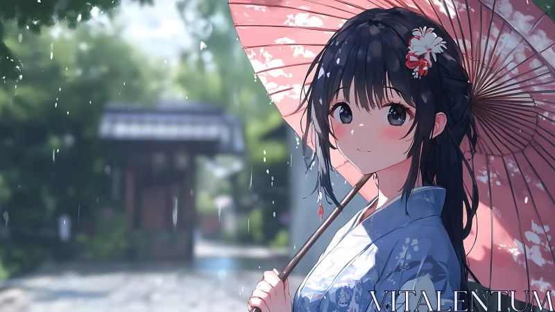 Rain-kissed kimono girl beneath a blossom-splashed parasol.