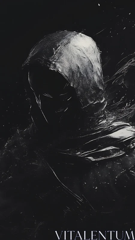 Hooded shadow figure emerges from abstract darkness.