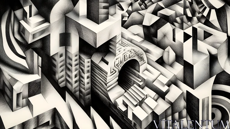 Monochrome geometric architectural maze forms structured space