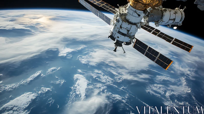 Orbital outpost drifts above swirling blue Earth below