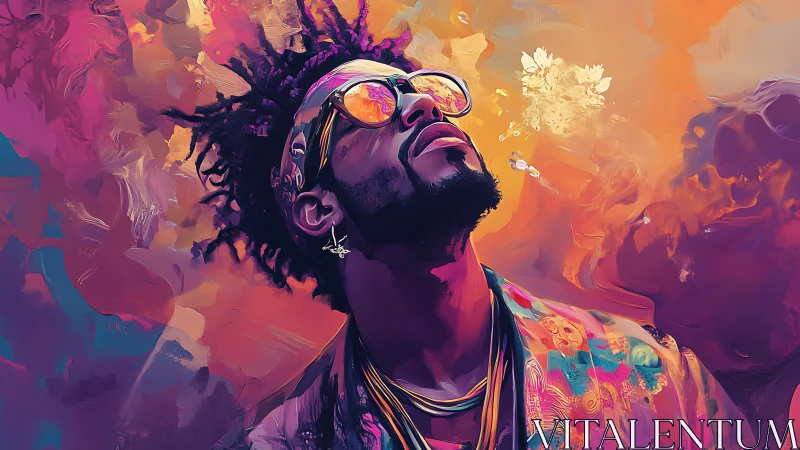 Vibrant portrait of man in sunglasses amid neon clouds.