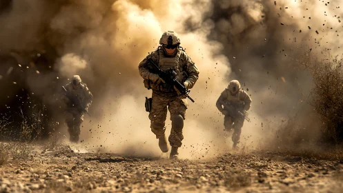 Photorealistic combat soldiers advancing through desert blast.