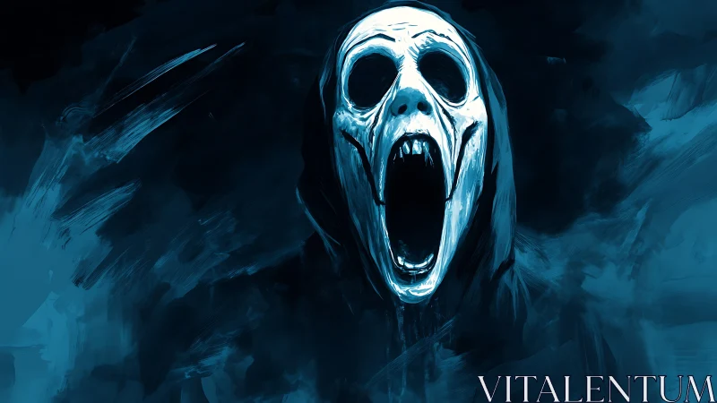 Hooded skull-like figure screams in a blue digital void