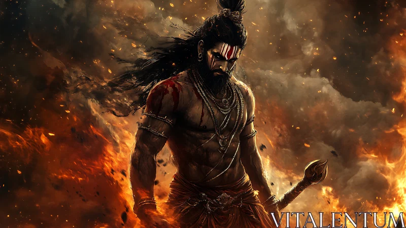 Fiery warrior sage strides through swirling storm of flames