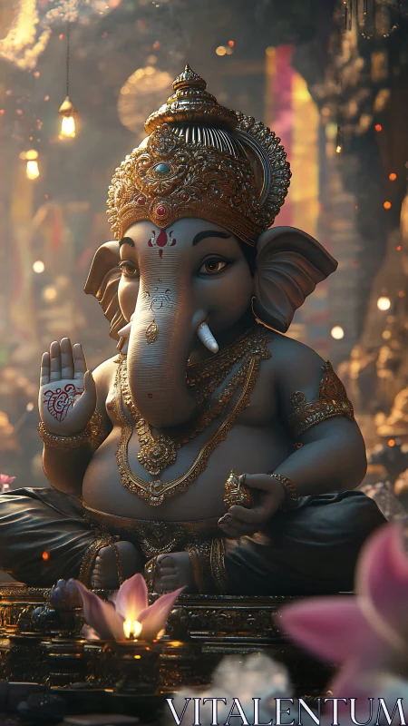 Digital rendering depicts seated Ganesha statue in ornate shrine