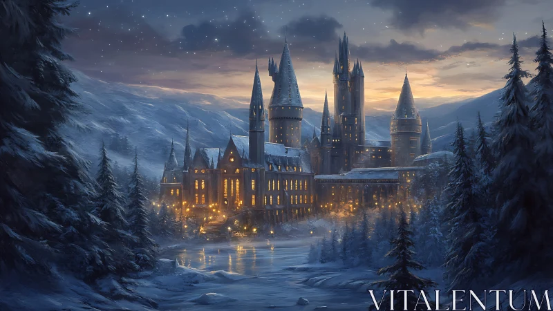 Snowbound fantasy castle glows warmly against a hushed night