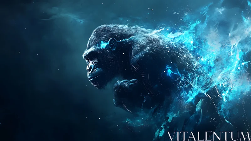 Stellar gorilla erupts in electric blue cosmic splinters.