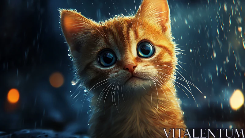 Golden Cat's Soulful Gaze in Rain and Neon Lights
