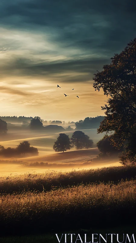 Misty sunrise over rolling countryside fields and trees.