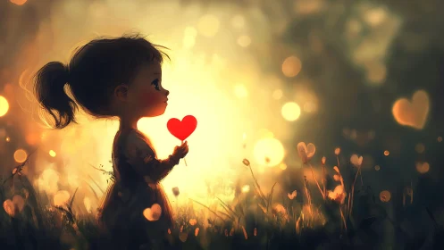 Silhouetted figure holding red heart in field setting.