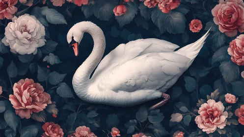 White swan positioned centrally amid dense floral foliage