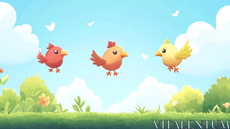 Cartoon birds hover above stylized meadow under bright sky