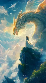 Woman stands on cliff edge facing massive luminous dragon