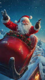 Santa in red sleigh flying over snowy rooftops at night.