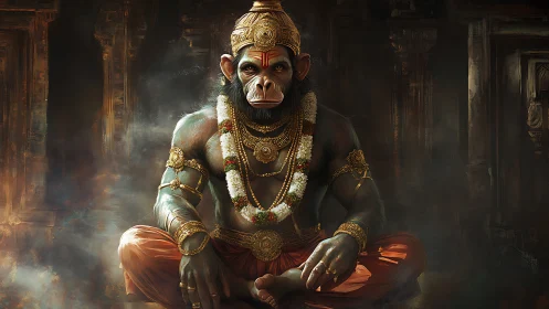 Divine simian warrior sits in temple glow, garlanded, armed