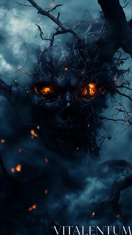 Volumetric fog reveals fiery demonic skull fused with charred roots