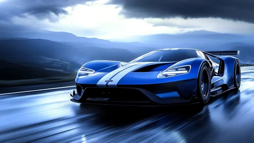 Photorealistic blue hypercar on wet mountain highway at speed.