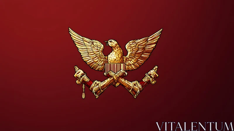 Golden eagle heraldic emblem on deep red field.