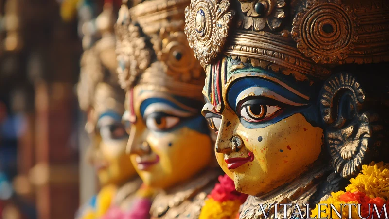 Golden Hindu deity statues glow in warm temple light