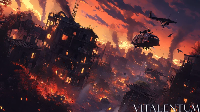 Tilted urban firestorm with rotary evac under crimson sky.