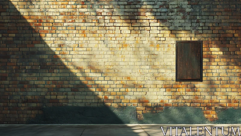 Rusty steel panel on sunlit textured brick wall surface.