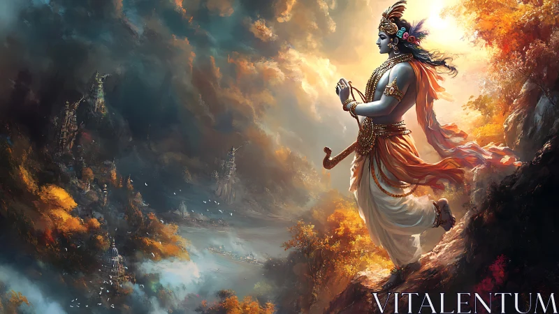 Sunlit deity strides above storm-wreathed valley of temples.