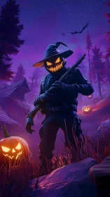 Pumpkin-headed scarecrow stalks a haunted forest at dusk