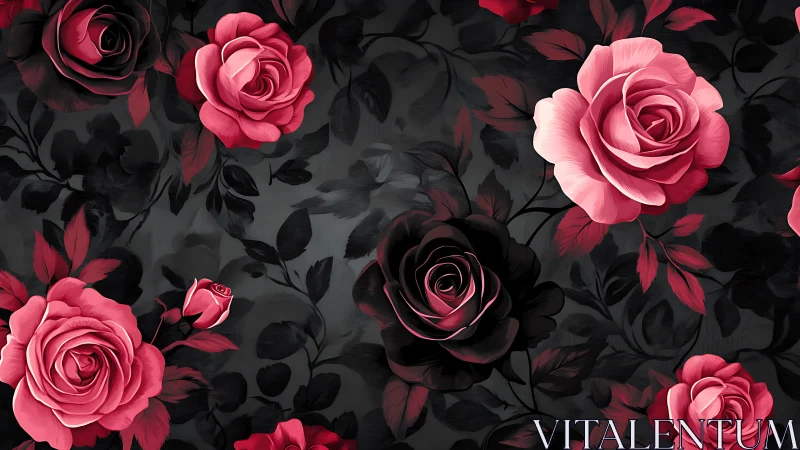 Hybrid Rose Composition: Deep Magenta Blooms Against Charcoal Foliage.