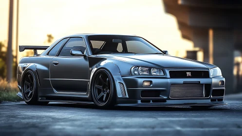 Widebody silver GT-R coupe in cinematic sunset lighting.